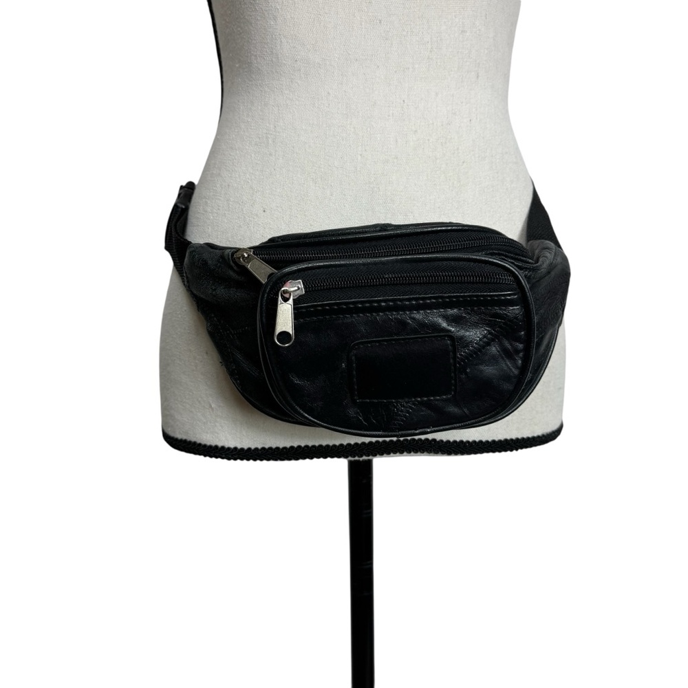 Vintage 80s 90s Black Patchwork Leather Waist‎ Bag Fanny Back